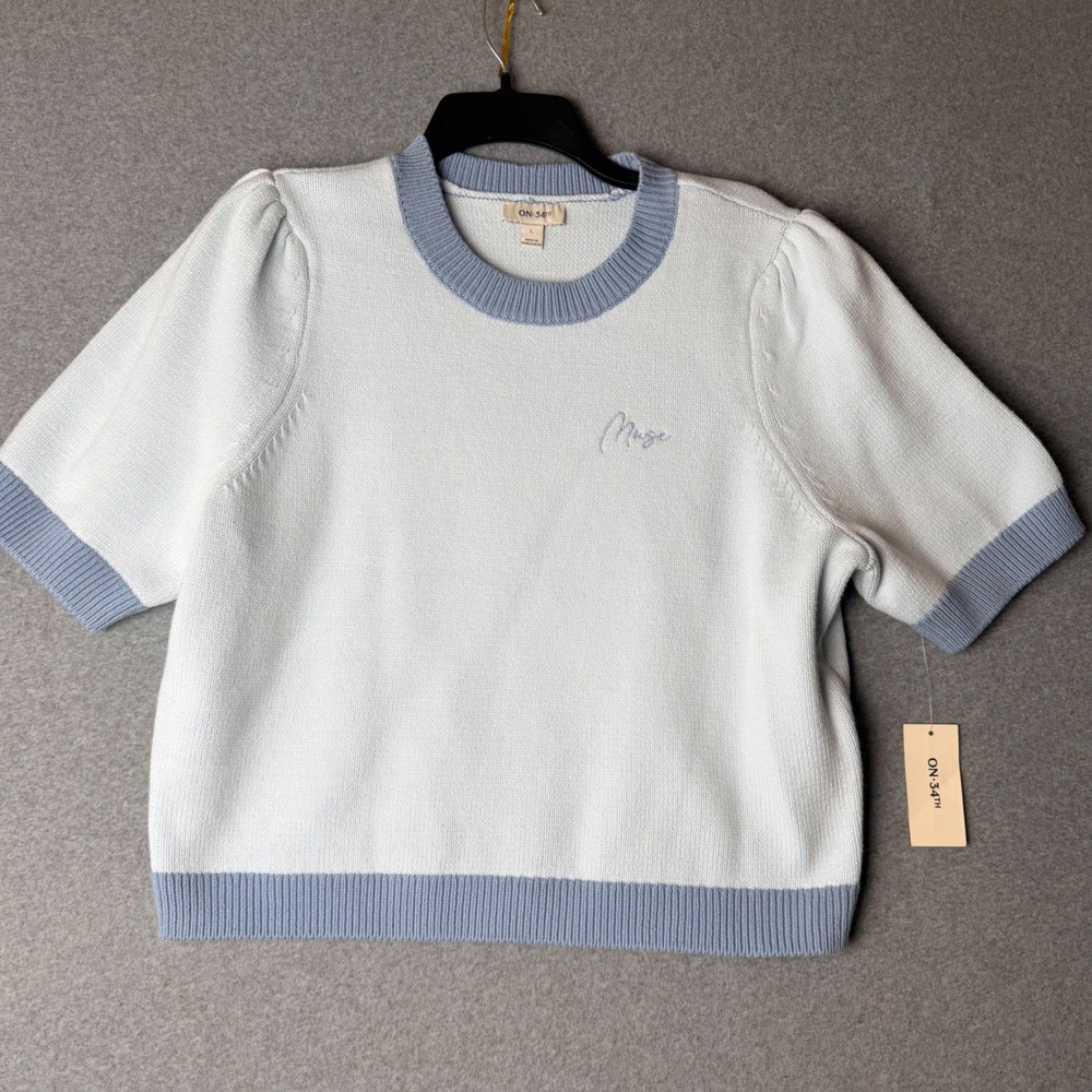 ON-34TH Womens Short Sleeve Colorblock Sweater Muse Embroidered Blue White L NEW